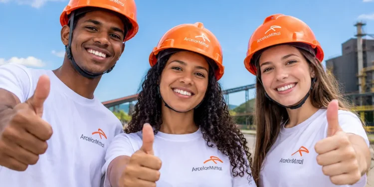 Três jovens usam camisetas da ArcelorMittal e capacetes laranjas enquanto fazem sinal de positivo para a câmera, com uma indústria ao fundo.