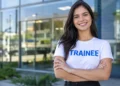 Jovem sorrindo, de braços cruzados, usando blusa branca com “TRAINEE” em azul, em frente a uma empresa.