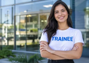 Jovem sorrindo, de braços cruzados, usando blusa branca com “TRAINEE” em azul, em frente a uma empresa.