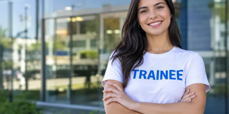 Jovem sorrindo, de braços cruzados, usando blusa branca com “TRAINEE” em azul, em frente a uma empresa.