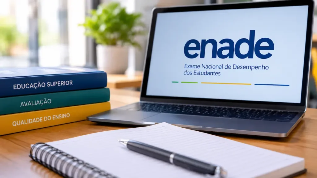 Notebook com identificação do Enade ao lado de livros e materiais de estudo.