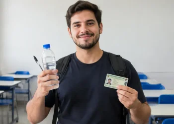 Jovem segura água, caneta e documento de identificação em sala de aula.