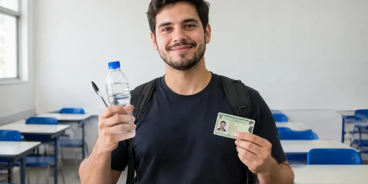 Jovem segura água, caneta e documento de identificação em sala de aula.