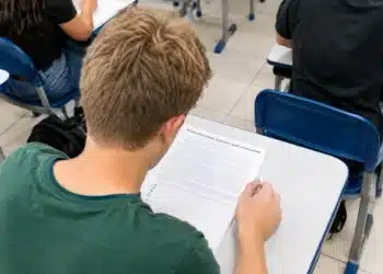 Jovem realiza prova de Linguagens em sala de aula iluminada.