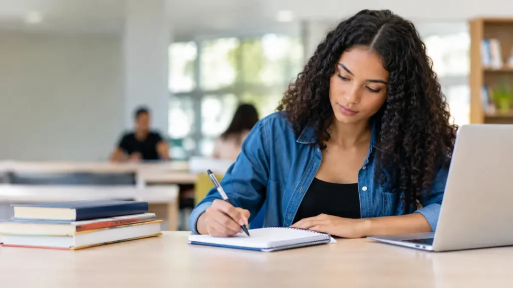 Estudante faz anotações em caderno ao lado de livros e notebook em ambiente de estudos.