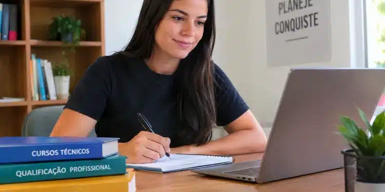 Jovem estuda com notebook, caderno e livros sobre formação profissional em ambiente iluminado.