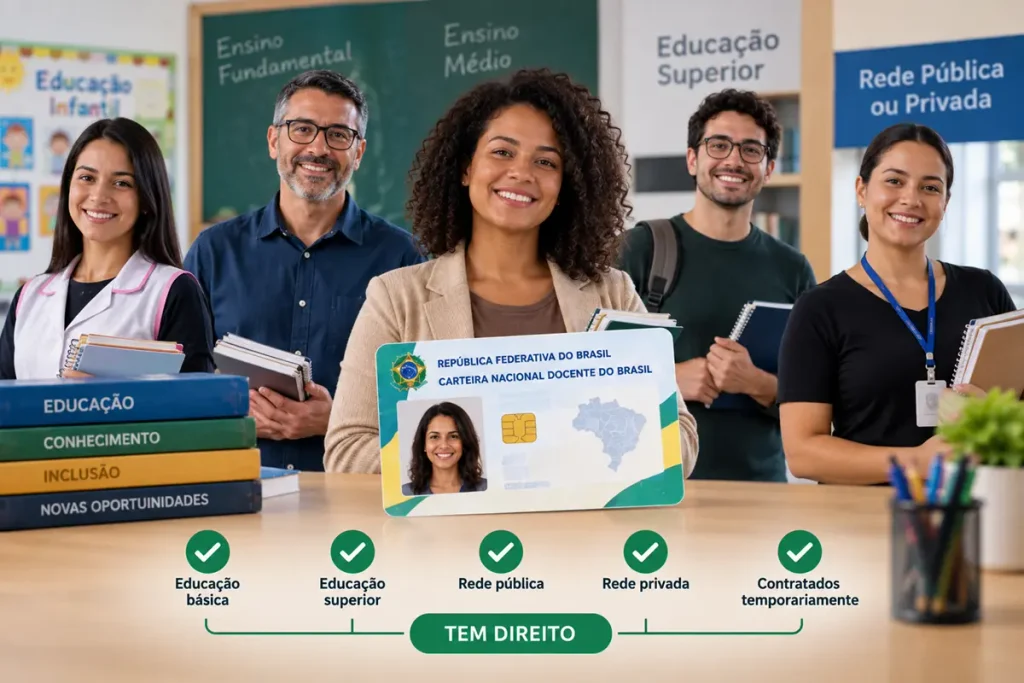 Grupo de cinco docentes diversos sorrindo em sala, segurando livros e Carteira Nacional Docente.