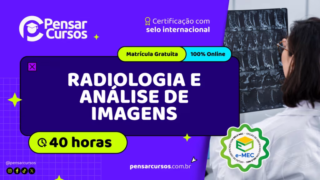 Mulher em jaleco analisando exame de imagem ao lado de banner promovendo curso de Radiologia online.