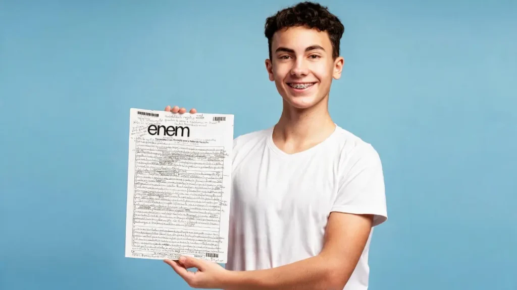 Jovem exibe redação do Enem sorrindo.