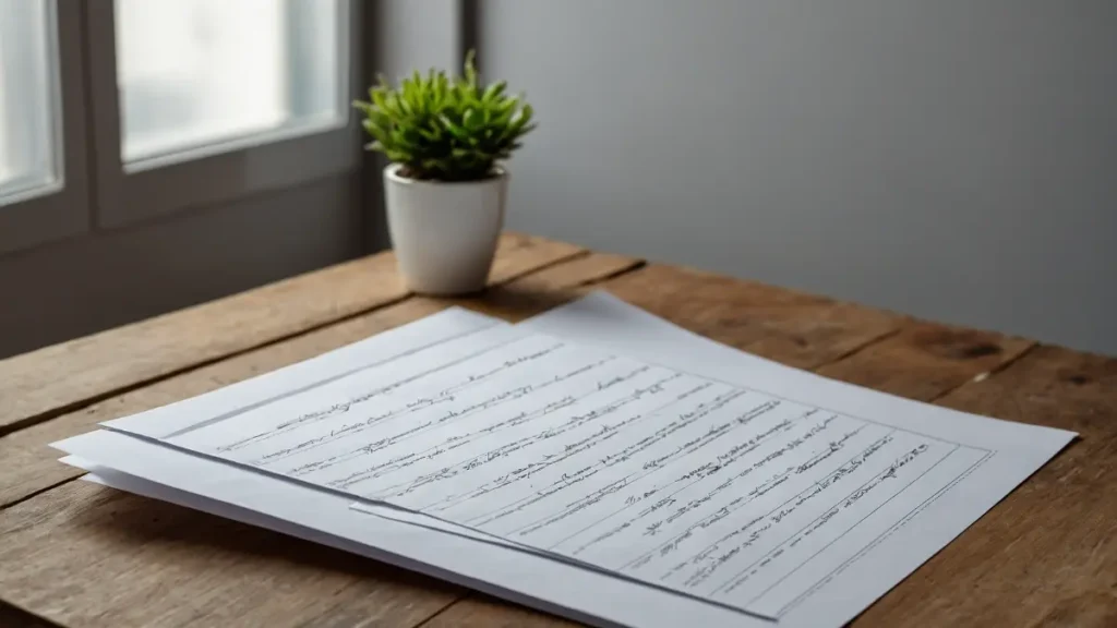 Mesa rústica com folhas manuscritas ao lado de vaso de planta.