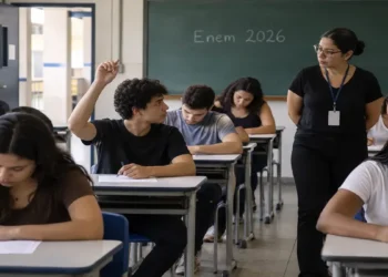 Alunos realizando o Enem 2026 com professora ao lado e um jovem levantando a mão, simbolizando as regras nos dias das provas do Enem 2026.