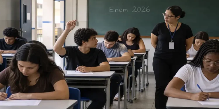 Alunos realizando o Enem 2026 com professora ao lado e um jovem levantando a mão, simbolizando as regras nos dias das provas do Enem 2026.