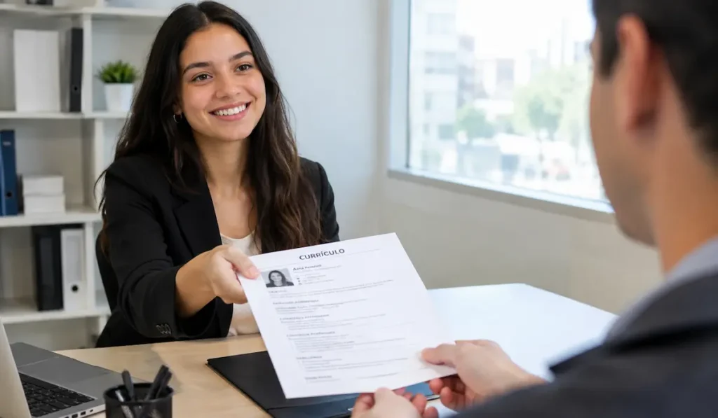 Entrevistadora sorridente recebe currículo durante entrevista de emprego.
