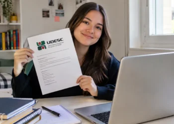 Jovem segura uma folha da Udesc em frente ao notebook, em um quarto claro e organizado.