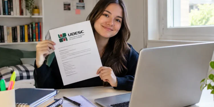 Jovem segura uma folha da Udesc em frente ao notebook, em um quarto claro e organizado.