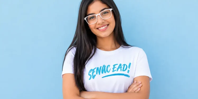 Estudante sorrindo para a câmera com óculos brancos e camiseta do Senac EAD.