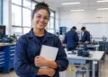 Jovem de uniforme azul e coque em laboratório técnico com máquinas e outros estudantes ao fundo.