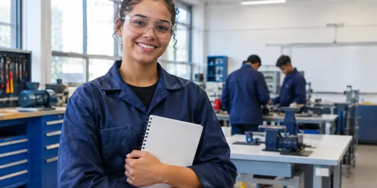 Jovem de uniforme azul e coque em laboratório técnico com máquinas e outros estudantes ao fundo.