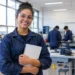 Jovem de uniforme azul e coque em laboratório técnico com máquinas e outros estudantes ao fundo.