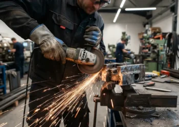 Profissional utiliza esmerilhadeira em bancada de serralheria industrial.