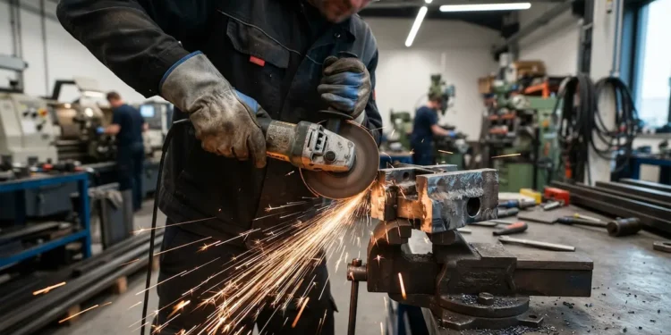 Profissional utiliza esmerilhadeira em bancada de serralheria industrial.