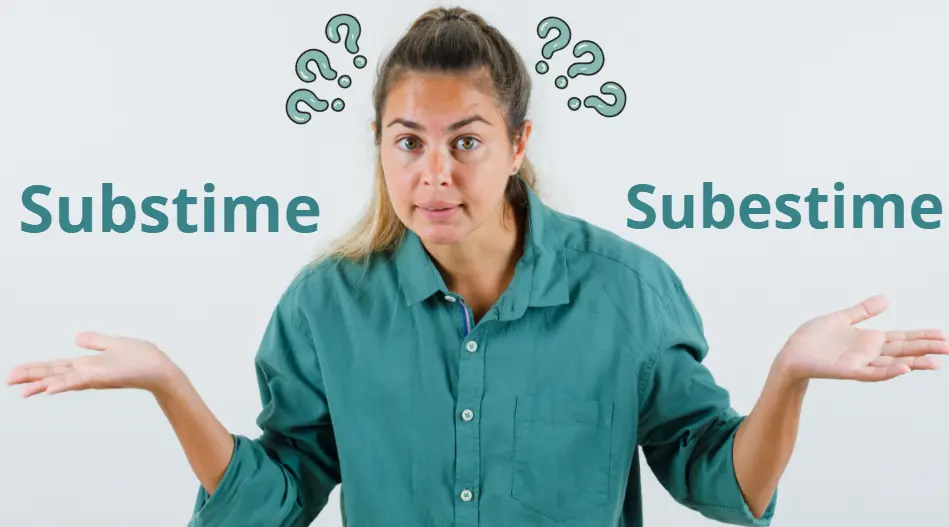 Mulher confusa com mãos erguidas, texto "Substime" e "Subestime" ao fundo, interrogação.