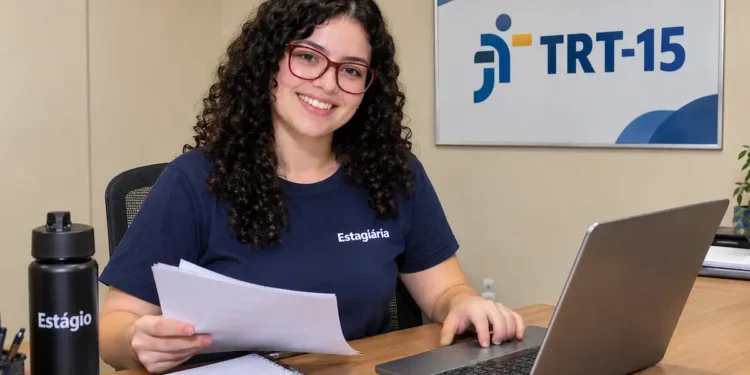 Jovem estagiária trabalhando em escritório do TRT-15.