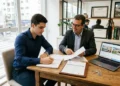 Dois homens de perfis distintos, um jovem de camisa azul e um mais velho de terno, analisam e assinam documentos numa imobiliária moderna.