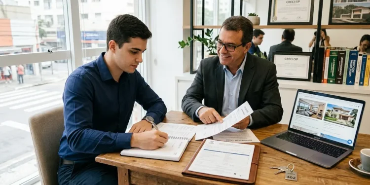 Dois homens de perfis distintos, um jovem de camisa azul e um mais velho de terno, analisam e assinam documentos numa imobiliária moderna.