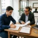 Dois homens de perfis distintos, um jovem de camisa azul e um mais velho de terno, analisam e assinam documentos numa imobiliária moderna.
