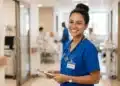 Técnica de enfermagem sorridente em hospital durante plantão.