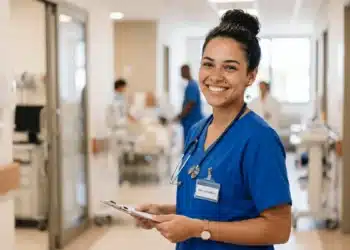 Técnica de enfermagem sorridente em hospital durante plantão.