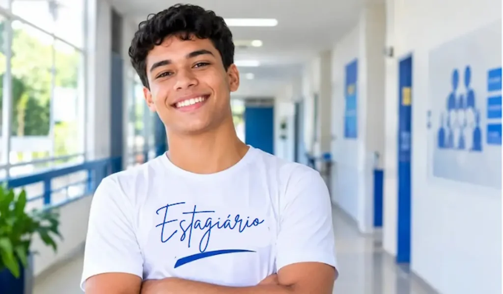 Jovem estagiário sorridente em corredor de instituição de ensino.