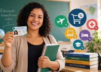 Mulher sorridente mostra carteira de docente em sala de aula com ícones de descontos e livros ao fundo, simbolizando os benefícios do #TôComProf.