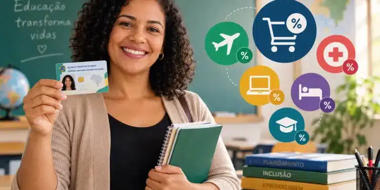 Mulher sorridente mostra carteira de docente em sala de aula com ícones de descontos e livros ao fundo, simbolizando os benefícios do #TôComProf.