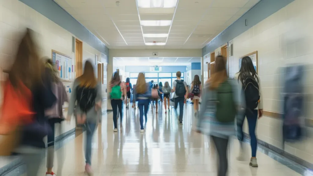 Estudantes circulando por corredor de universidade no início das aulas.