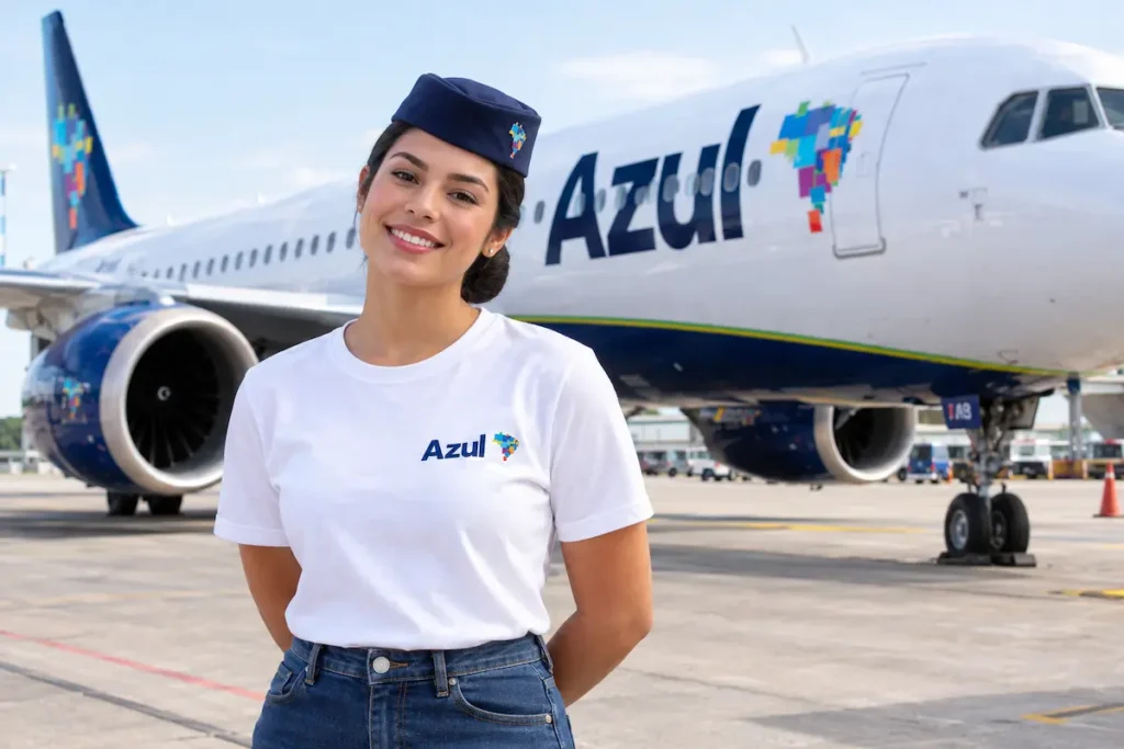 Jovem sorridente com uniforme da Azul, posando em frente a um avião da companhia no aeroporto.