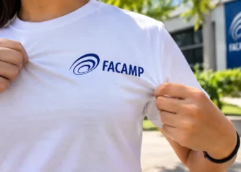 Pessoa segura camiseta branca com o logotipo da Facamp em área externa iluminada.