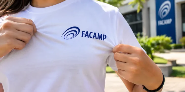 Pessoa segura camiseta branca com o logotipo da Facamp em área externa iluminada.
