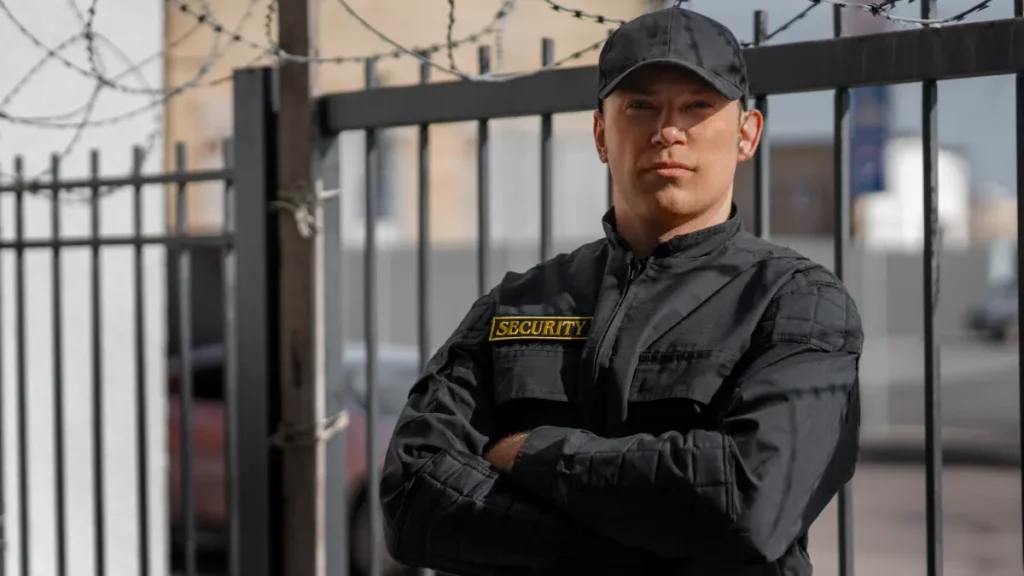 Vigilante de braços cruzados e portão e cerca de arame ao fundo.