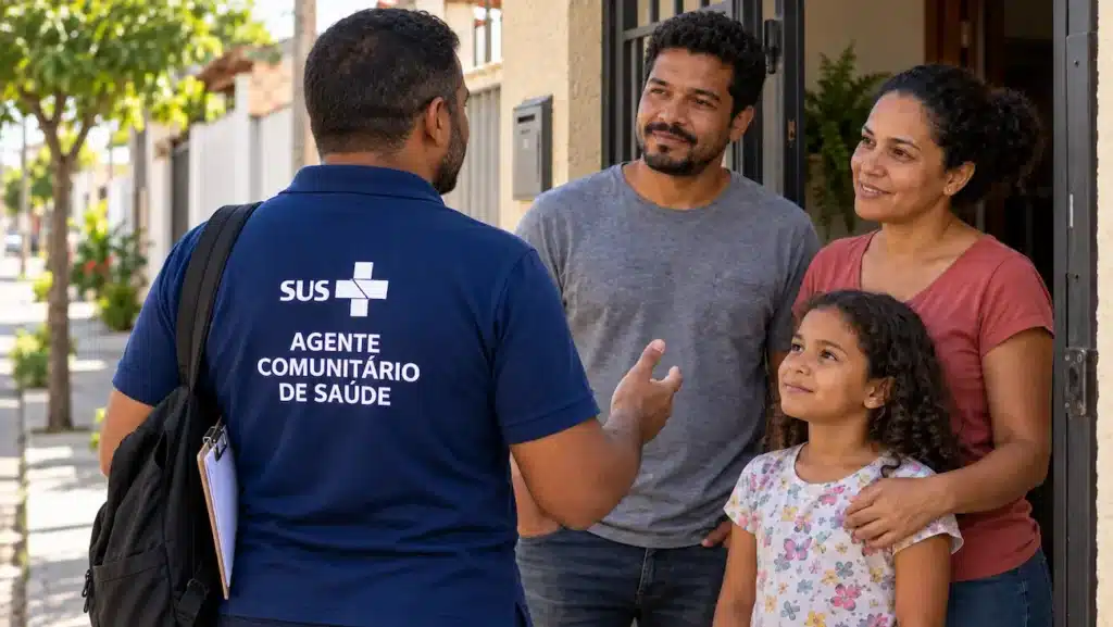 Agente comunitário de saúde de costas, com uniforme do SUS, conversando com uma família na entrada de casa.