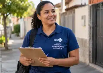 Agente comunitária de saúde com uniforme azul do SUS e prancheta em uma rua residencial.