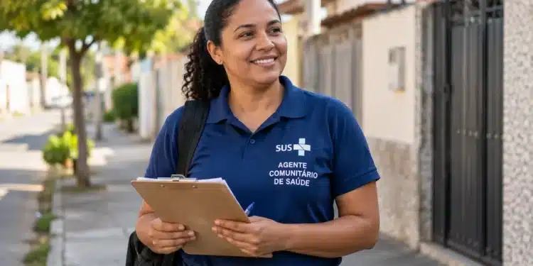 Agente comunitária de saúde com uniforme azul do SUS e prancheta em uma rua residencial.