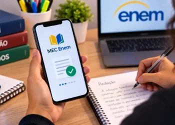 Jovem acessando app MEC Enem no celular, rodeada de livros, anotações e notebook com ENEM 2026 na tela, simbolizando o app MEC Enem.