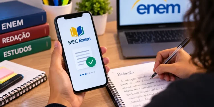 Jovem acessando app MEC Enem no celular, rodeada de livros, anotações e notebook com ENEM 2026 na tela, simbolizando o app MEC Enem.