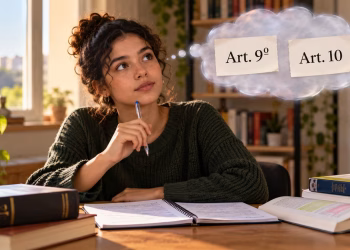 Estudante diante de livros e caderno, com balão de pensamento mostrando “Art. 9º” e “Art. 10”, simbolizando a forma correta de citar artigos na redação do Enem.