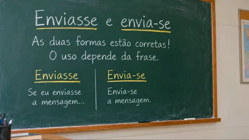 Quadro negro com explicações sobre o uso de "enviasse" e "envia-se", destacando exemplos.
