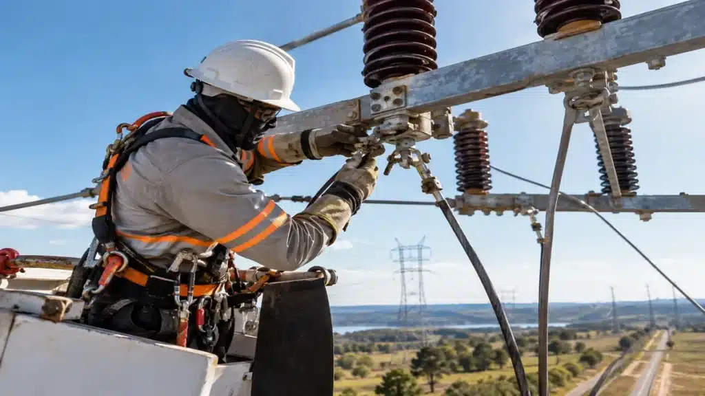 Eletricista de alta tensão com capacete, luvas e equipamentos de proteção realizando manutenção em estrutura elétrica elevada.