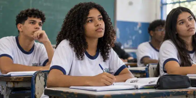Estudantes do ensino médio acompanham uma aula com cadernos e materiais de estudo, representando o aulão preparatório para o Enem 2026.