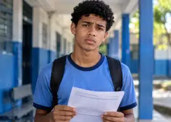 Estudante de uniforme azul segura um documento escolar com expressão de dúvida, representando quem pode ficar sem os R$ 200 do Incentivo-Enem do Pé-de-Meia.